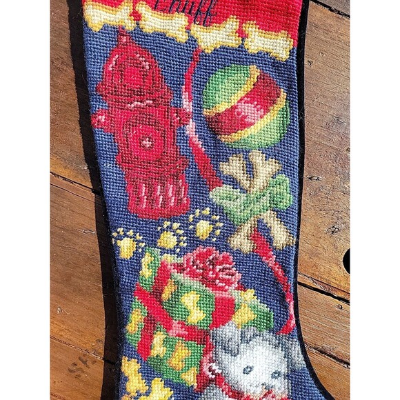 Lands' End Needlepoint Christmas Stocking Dogs Pet Wool Monogram Discontinued C4 - Picture 4 of 10